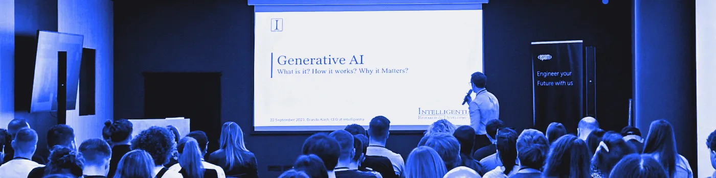 Brando Koch speaking on Generative AI at an AI Meetup