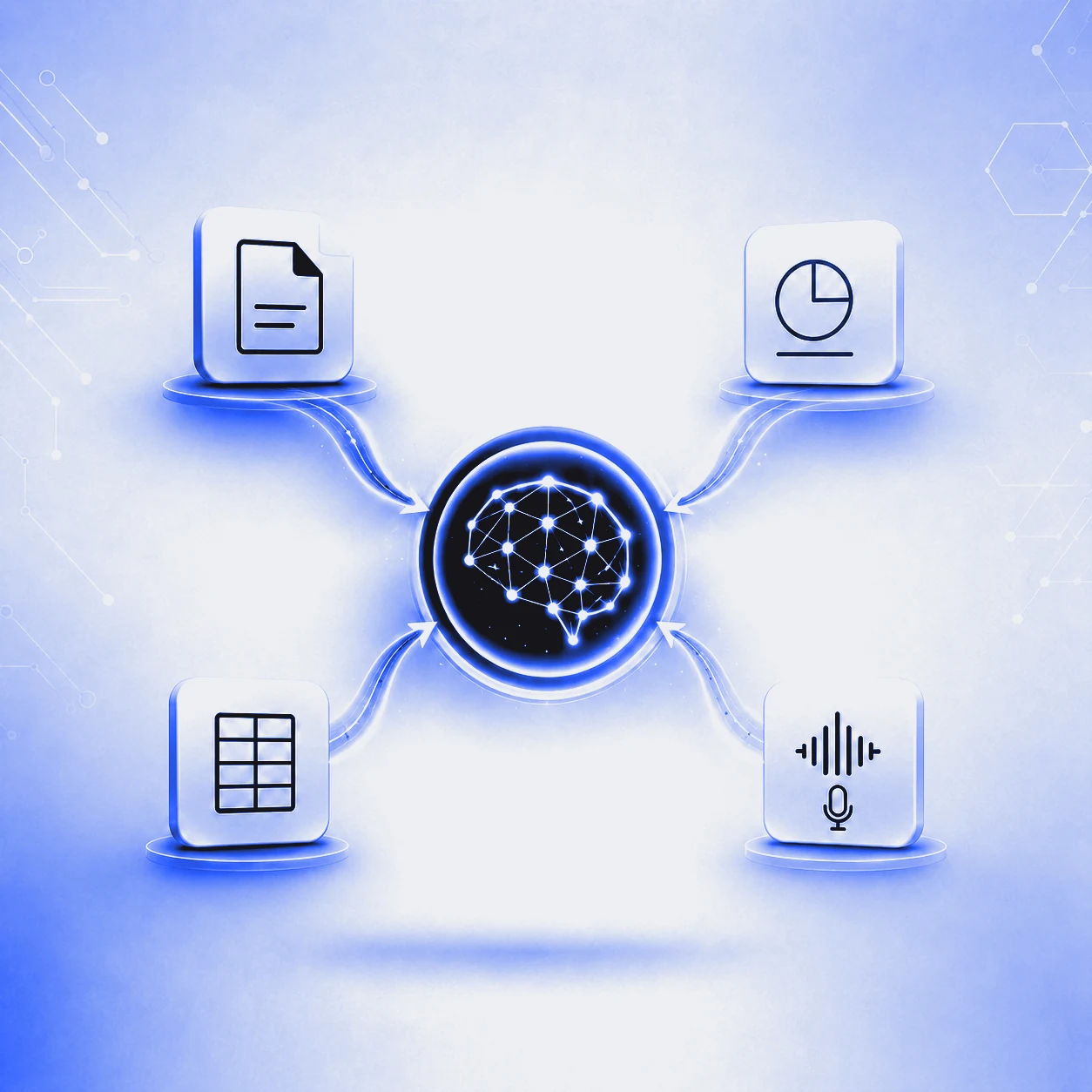 GenAI document processing: documents, spreadsheets, slides, and audio flowing into an AI model