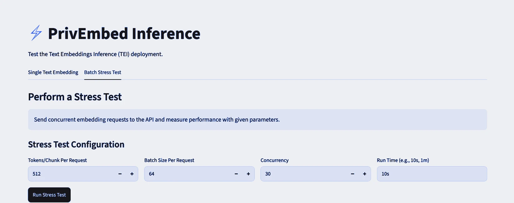 The PrivEmbed inference tool running a batch stress test against a self-hosted embedding deployment, with configurable tokens per chunk, batch size, concurrency, and run time